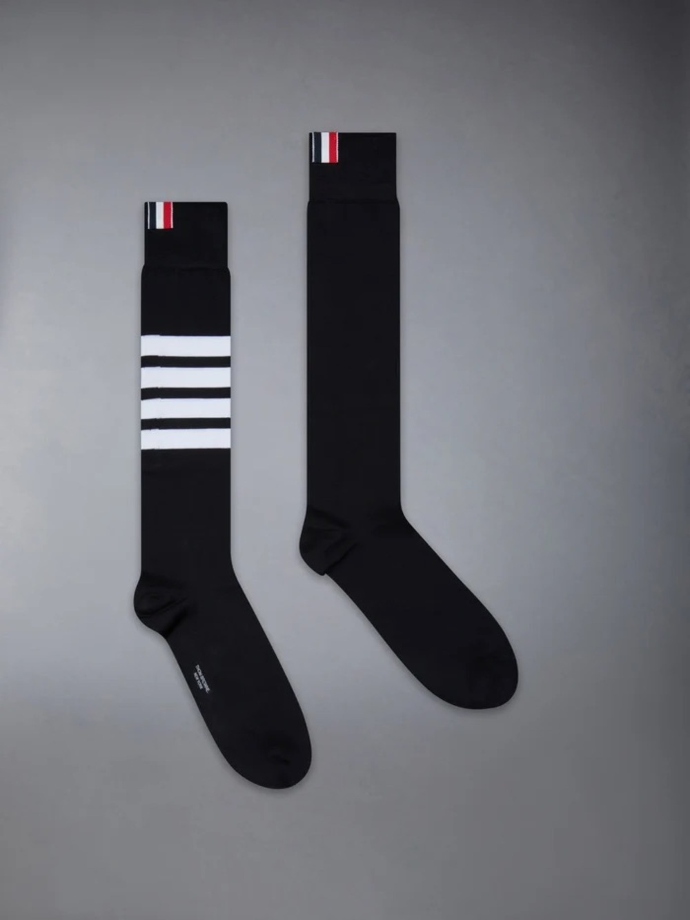 Thom Browne Black Knee-High Socks with White Stripes and Tricolor Tab